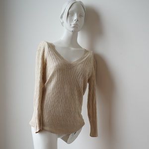 JCREW Linen 3/4 Sleeve Cable Knit V-Neck Sweater in Tan - Size Medium